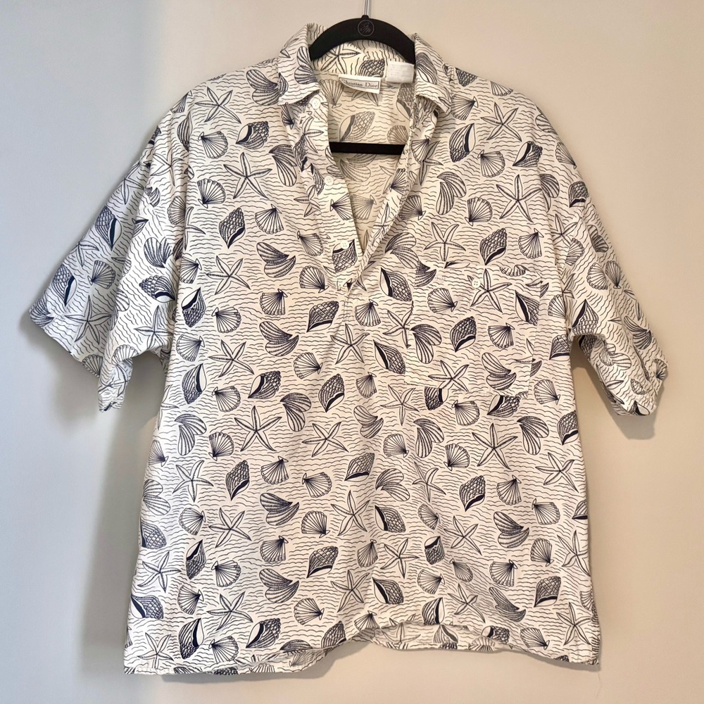 Christian Dior Vintage Seashell Starfish Print Shirt Size L Nautical Button